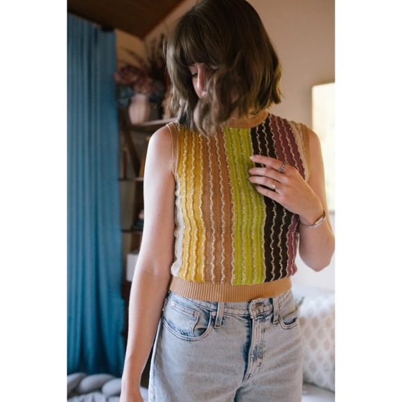 Anthropologie Eva Franco Crewneck Sweater Vest 3D Knit Crop Womens Striped - Picture 4 of 9